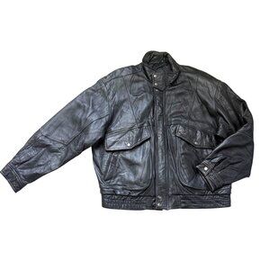 Mirage Men's Aviator Bomber Jacket XL Black Genuine Leather Pockets Vintage 90s